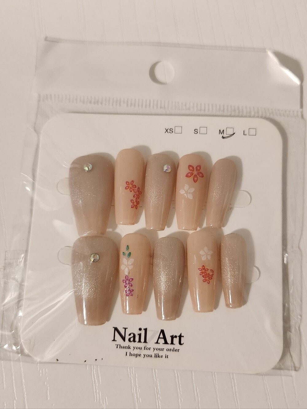 Press-On Set in Nude with Floral, Glitter, And Rhinestone Accents